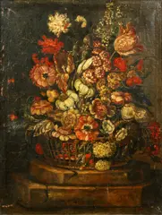 Italian School, Roses, tulips, chrysathemums and other flowers in a basket on a stone ledge, oil on canvas