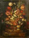 Roses, tulips, chrysathemums and other flowers in a basket on a stone ledge by Italian School, oil on canvas, sold Jun 2015