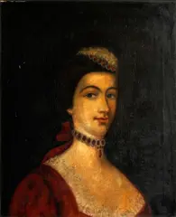 Portrait of a lady with dressed hair and red stone set head dress and matching choker by Irish School, oil on canvas, sold Jun 2015