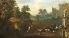 Drovers with their flocks before an extensive river landscape by Joseph Roos, oil on canvas, sold Jun 2015