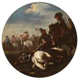 A cavalry skirmish by called Il Borgognone Jacques Courtois, oil on canvas, tondo, offered Jun 2015