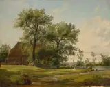 Gehöft unter Bäumen by Deutsch, 1840, 1840, Öl auf Bütten auf Pappe aufgezogen, sold Nov 2014
