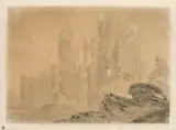 Ruine im Nebel by Deutsch, um 1800, Pinsel in Schwarz und Grau auf Papier, sold Jun 2015