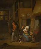 Cornelis Dusart, Bauernfamilie, die einen Hund tanzen läßt, Um 1700, Öl auf Leinwand