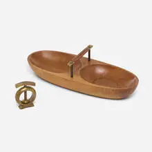 Nut bowl and nutcracker by Carl Auböck, c. 1950, mahogany, brass, leather, sold Oct 2023