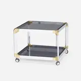Occasional table by attribution Mastercraft, c. 1975, chrome-plated steel, brass, smoked glass, sold Oct 2023