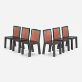 Donau dining chairs, set of six by Ettore Sottsass, c. 1986, burlwood veneer, lacquered wood, sold Oct 2023