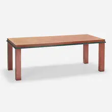 Donau table by Ettore Sottsass, 1986, burlwood veneer, lacquered wood, sold Oct 2023