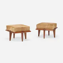 Stools, pair by Paul Laszlo, c. 1950, mahogany, cowhide, sold Oct 2023