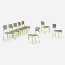 Dining chairs, set of eight by Carlo de Carli, c. 1950, lacquered wood, upholstery, sold Oct 2023