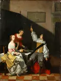 Figures at a table in an interior by Pieter de Hooch, oil on canvas, sold Jun 2015