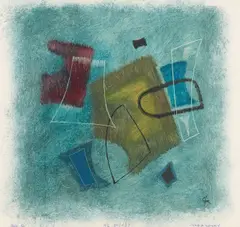 Schwere Flächen in Blau by Rolf Cavael, 1950, Öl auf Papier, auf Karton montiert, sold Nov 2015