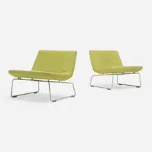 Superlight lounge chairs, pair by Edward Barber and Jay Osgerby, 2000, upholstery, stainless steel, plastic, sold Oct 2023
