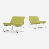Superlight lounge chairs, pair by Edward Barber and Jay Osgerby, 2000, upholstery, stainless steel, plastic, sold Oct 2023