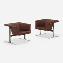 Lounge chairs model 042, pair by Geoffrey D. Harcourt, c. 1965, chrome-plated steel, enameled steel, microfiber upholstery, sold Oct 2023