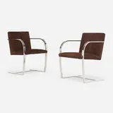 Brno armchairs, pair by Ludwig Mies van der Rohe, stainless steel, suede upholstery, sold Oct 2023