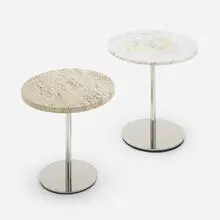 Hugh Acton, Occasional tables, set of two, c. 1960, marble, travertine, chrome-plated brass, chrome-plated steel