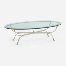 Coffee table by Maison Jansen, c. 1945, brushed matte chrome-plated steel, glass, brass, sold Oct 2023