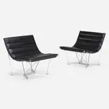 Catenary chairs model 6380, pair by George Nelson & Associates, 1962, leather, chrome-plated steel, enameled steel, sold Oct 2023