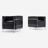LC2 chairs, pair by Pierre Jeanneret and Le Corbusier Charlotte Perriand, leather, chrome-plated steel, sold Oct 2023
