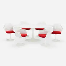Eero Saarinen, Tulip dining set, 1957 / 2011, powder-coated aluminum, molded fiberglass, laminate, upholstery