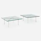 Barcelona coffee tables, pair by Ludwig Mies van der Rohe, chrome-plated steel, stainless steel, glass, sold Oct 2023