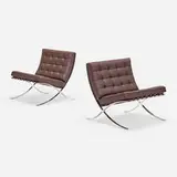 Barcelona chairs, pair by Ludwig Mies van der Rohe, stainless steel, leather, sold Oct 2023