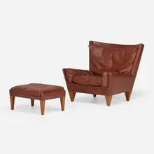 Pyramid lounge chair, model V11 and ottoman by Illum Wikkelsø, c. 1965, leather, rosewood, sold Oct 2023