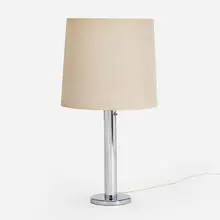 Table lamp by Walter von Nessen, c. 1970, chrome-plated brass, chrome-plated steel, linen shade, sold Oct 2023