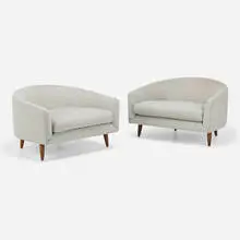 Lounge chairs model 2470C, pair by Adrian Pearsall, c. 1955, wool upholstery, walnut, sold Oct 2023