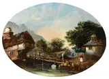 Figures and houses by a bridge by Alfred Montague, oil on board, oval, sold Apr 2015
