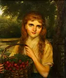 English School 19th century, Portrait of a girl with a basket of strawberries