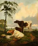Cattle and sheep in a landscape by Ra Thomas Sidney Cooper, oil on canvas, sold Apr 2015