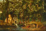 Cattle by a watermill in a wood by Alfred Vickers Snr, oil on board, sold Apr 2015