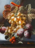 Green grapes, plums and raspberries on a ledge by Oliver Clare, oil on card, offered Apr 2015