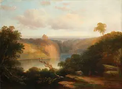 A river valley by William Currie, oil on canvas, sold Apr 2015