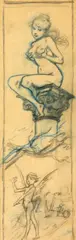 Study of a female nude seated upon a Corinthian column by Adolphe Léon Willette, pencil and blue crayon, sold Apr 2015