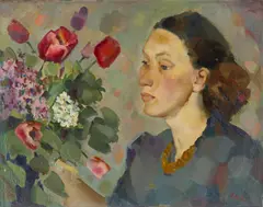 Frau mit Blumen (Elsbeth Herbig-Mueller) by Otto Herbig, 1949, Öl auf Leinwand, sold Dec 2016