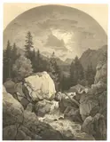 Hochgebirgslandschaft mit Wildbach. Lauterbrunner Tal mit der Jungfrau? by Carl Wagner, Um 1830, Tuschfeder und -pinsel, grau laviert, auf Papier, sold Oct 2018