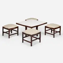 Coffee table and stools, set of four by Liceu De Artes E Ofícios, c. 1965, rosewood, marble, upholstery, sold Oct 2023