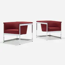 Lounge chairs, pair by attribution Milo Baughman, c. 1965, chrome-plated steel, upholstery, sold Oct 2023