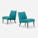 attribution Paul McCobb, Slipper lounge chairs, pair, c. 1950, Alexander Girard upholstery, lacquered wood