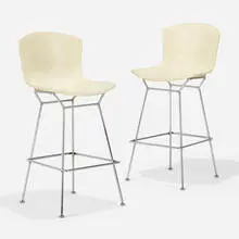 Barstools, pair by Harry Bertoia, 1952 / 1971, chrome-plated steel, lacquered fiberglass, sold Oct 2023