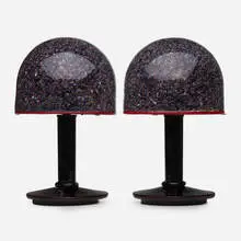 Table lamps, pair by Gae Aulenti, 1989, hand-blown glass with murrine, metal, sold Oct 2023