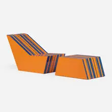 Lounge chair and ottoman by Bill Bell, c. 1970, painted plywood, sold Oct 2023