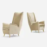Chairs, pair by Isa Bergamo, c. 1955, upholstery, brass-plated metal, sold Oct 2023