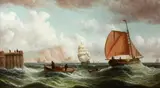 Shipping off a pier by James W. Bartholomew, oil on canvas, sold Apr 2015