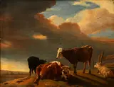 Cattle and sheep resting in a landscape by Dutch School, oil on panel, offered Apr 2015