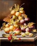 Plums, gooseberries, raspberries and a peach on a ledge by Oliver Clare, oil on board, sold Apr 2015