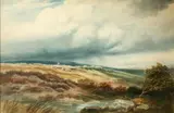 Moorland landscape with drover and sheep by Vpri Edmund Morison Wimperis, watercolour, offered Apr 2015